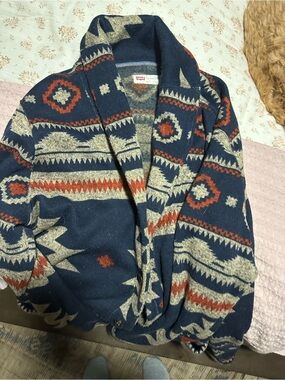 Levi's Navy Shawl Collar Cardigan with Beige and Rust Pattern